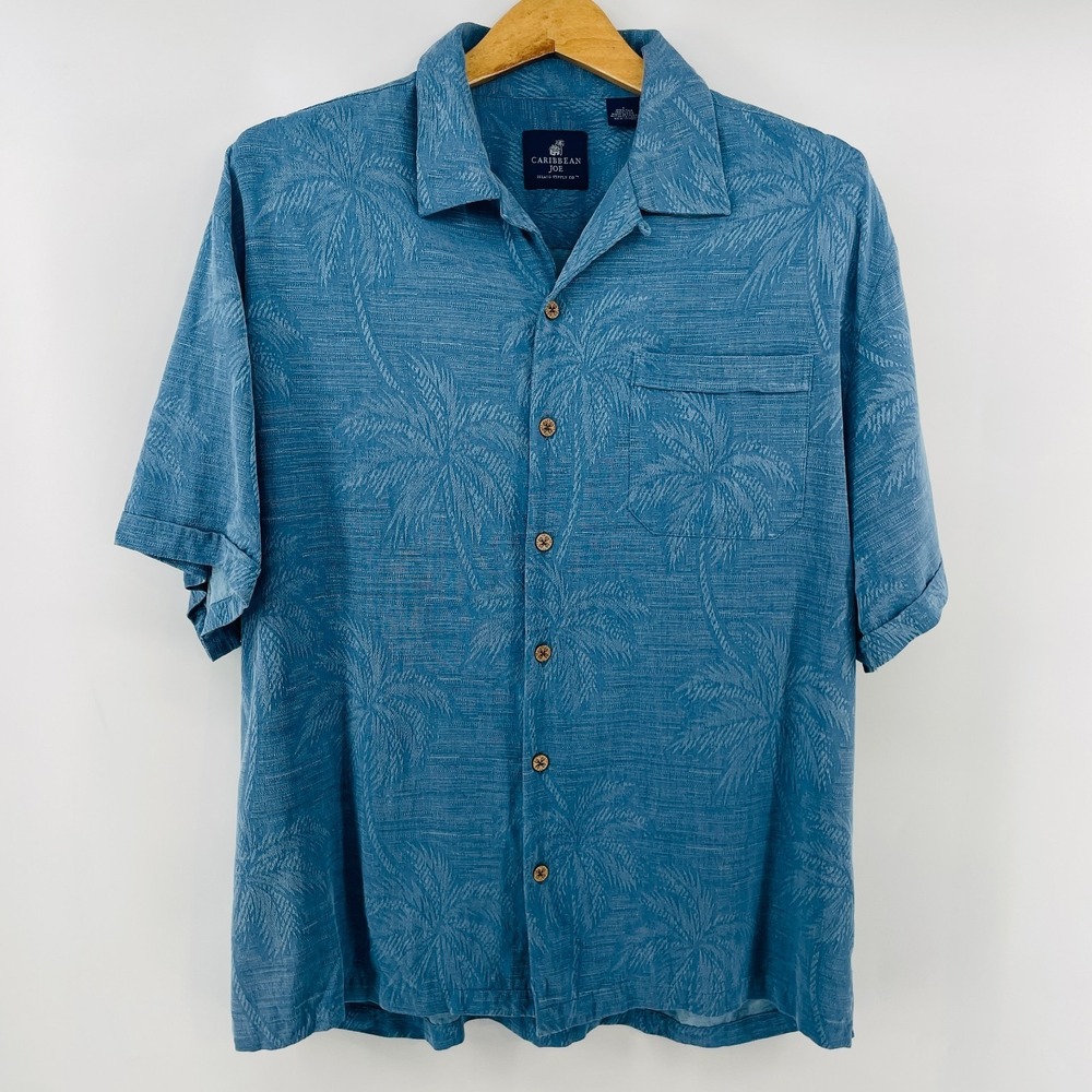 Caribbean Joe Hawaiian Shirt L 100% Silk Wooden Button Up Blue Vacation Textured